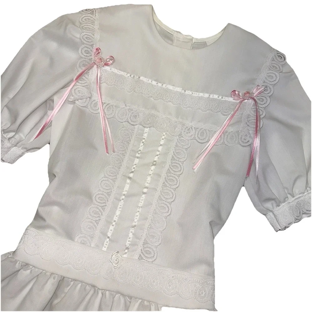 Vtg 80's Jo Lene White Lace Bib Cotton Blend Dress Prairie Puff Sleeves Girls 10